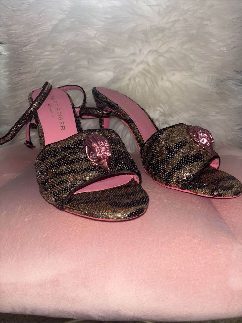 Kurt Geiger Brown Sequin Heeled Sandals with Pink Accents
